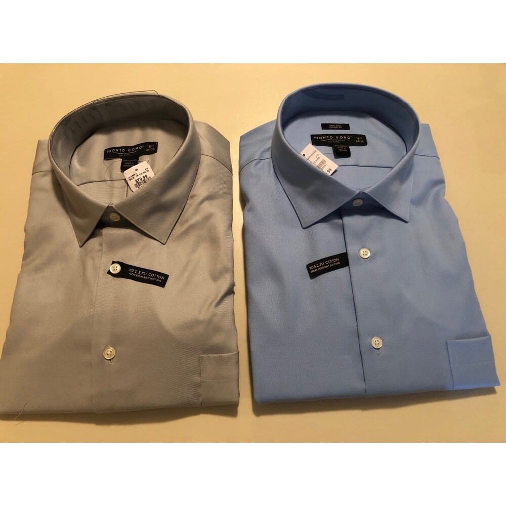 Pronto‎ Uomo Men's 80's 2-Ply Cotton Dress Shirt Slim Fit Blue Size 18 1/2 34/35